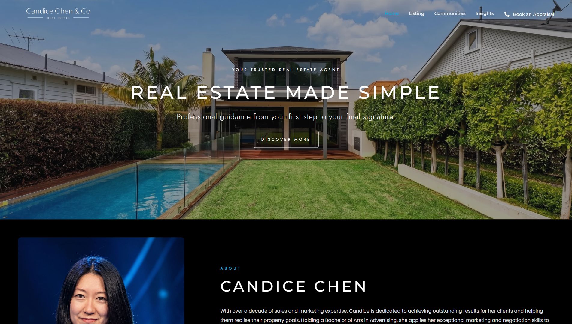 Candice Chen live website homepage screenshot, captured October 2026