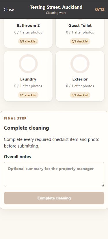 Actual completion screen with overall notes and a disabled Complete cleaning action because required evidence is missing